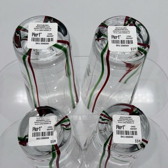 VTG Pier 1 Imports Christmas Set Of 4 Red & Green Stripes Highball Mouth-Blown - Picture 2 of 4